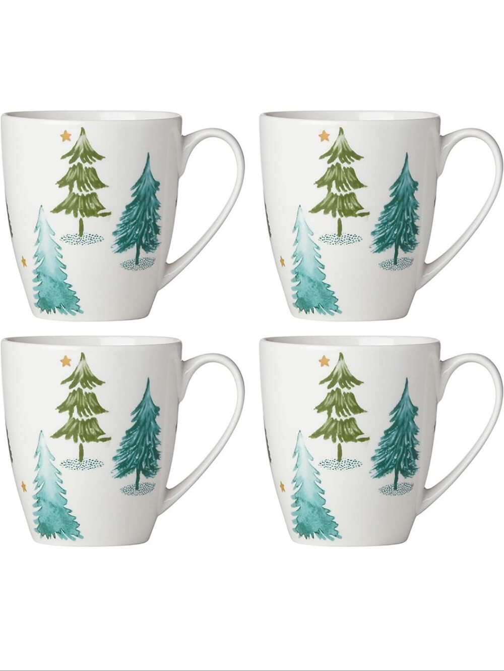 Lenox White Mugs with Green and Teal Pine Tree Motif - Set of 4